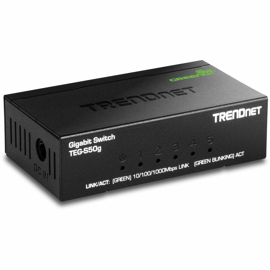 TRENDnet 5-Port Unmanaged Gigabit GREENnet Desktop Metal Switch, Ethernet-Network Switch, 5 x Gigabit Ports, Fanless, 10 Gbps Switching Fabric, Lifetime Protection, Black, TEG-S50g TEG-S50G