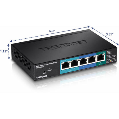 TRENDnet 5-Port Gigabit PoE+ Powered EdgeSmart Switch With PoE Pass Through, 18W PoE Budget, 10Gbps Switching Capacity, Managed Switch, Wall-Mountable, Lifetime Protection, Black, TPE-P521ES TPE-P521ES