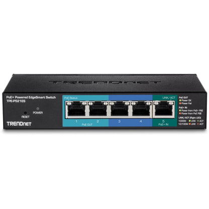 TRENDnet 5-Port Gigabit PoE+ Powered EdgeSmart Switch With PoE Pass Through, 18W PoE Budget, 10Gbps Switching Capacity, Managed Switch, Wall-Mountable, Lifetime Protection, Black, TPE-P521ES TPE-P521ES