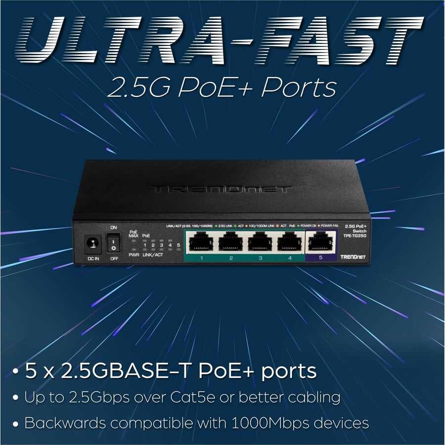 TRENDnet 5-Port Unmanaged 2.5G PoE+ Switch TPE-TG350