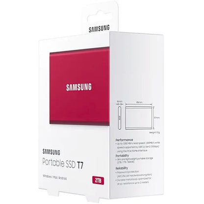 Samsung T7 MU-PC2T0R/AM 2 TB Portable Solid State Drive - External - PCI Express NVMe - Metallic Red MU-PC2T0R/AM