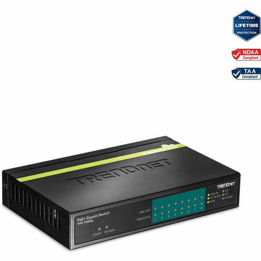 TRENDnet 8-Port Gigabit PoE+ Switch, 8 x Gigabit PoE+ Ports, 123W PoE Power Budget, 16 Gbps Switching Capacity, Desktop Switch, Ethernet Network Switch, Metal, Lifetime Protection, Black, TPE-TG80G TPE-TG80G