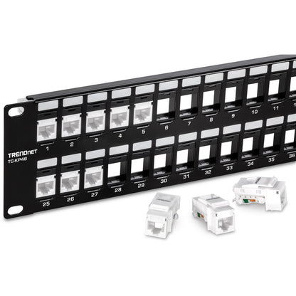 TRENDnet 48-Port Blank Keystone 2U HD Patch Panel, 2U 19" Rackmount Housing, HD Keystone Network Patch Panel, Recommended With TC-K25C6 & TC-K50C6 Cat6 Keystone Jacks (Sold Separately), Black, TC-KP48 TC-KP48