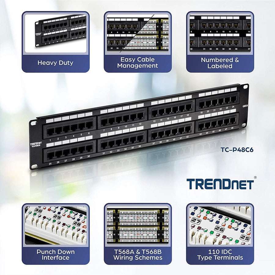 TRENDnet 48-Port Cat6 Unshielded Patch Panel, Wallmount Or Rackmount, Compatible With Cat3,4,5,5e,6 Cabling, For Ethernet, Fast Ethernet, Gigabit Applications, Black, TC-P48C6 TC-P48C6