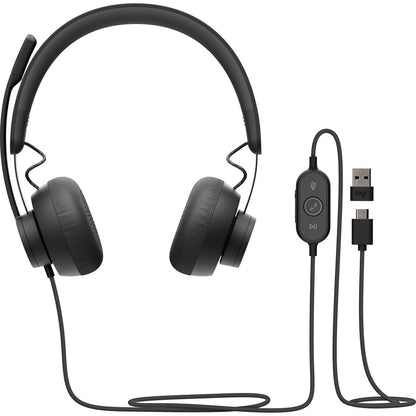 Logitech Zone 750 Wired On-Ear Headset with advanced noise-canceling microphone, simple USB-C and included USB-A adapter, plug-and-play compatibility for all devices 981-001103