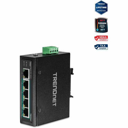 TRENDnet 5-Port Hardened Industrial Unmanaged Gigabit Switch; TI-PG50; 10/100/1000Mbps; DIN-Rail Switch; 4 x Gigabit PoE+ Ports; 1 x Gigabit Port; Gigabit Ethernet Network Switch; Lifetime Protection TI-PG50