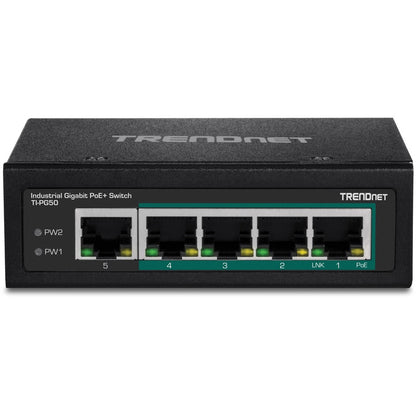 TRENDnet 5-Port Hardened Industrial Unmanaged Gigabit Switch; TI-PG50; 10/100/1000Mbps; DIN-Rail Switch; 4 x Gigabit PoE+ Ports; 1 x Gigabit Port; Gigabit Ethernet Network Switch; Lifetime Protection TI-PG50