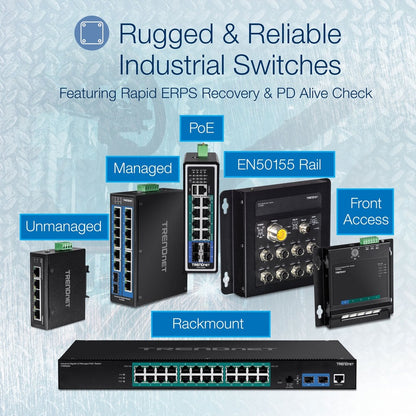 TRENDnet 5-Port Hardened Industrial Unmanaged Gigabit Switch; TI-PG50; 10/100/1000Mbps; DIN-Rail Switch; 4 x Gigabit PoE+ Ports; 1 x Gigabit Port; Gigabit Ethernet Network Switch; Lifetime Protection TI-PG50