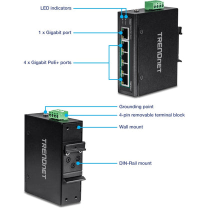 TRENDnet 5-Port Hardened Industrial Unmanaged Gigabit Switch; TI-PG50; 10/100/1000Mbps; DIN-Rail Switch; 4 x Gigabit PoE+ Ports; 1 x Gigabit Port; Gigabit Ethernet Network Switch; Lifetime Protection TI-PG50