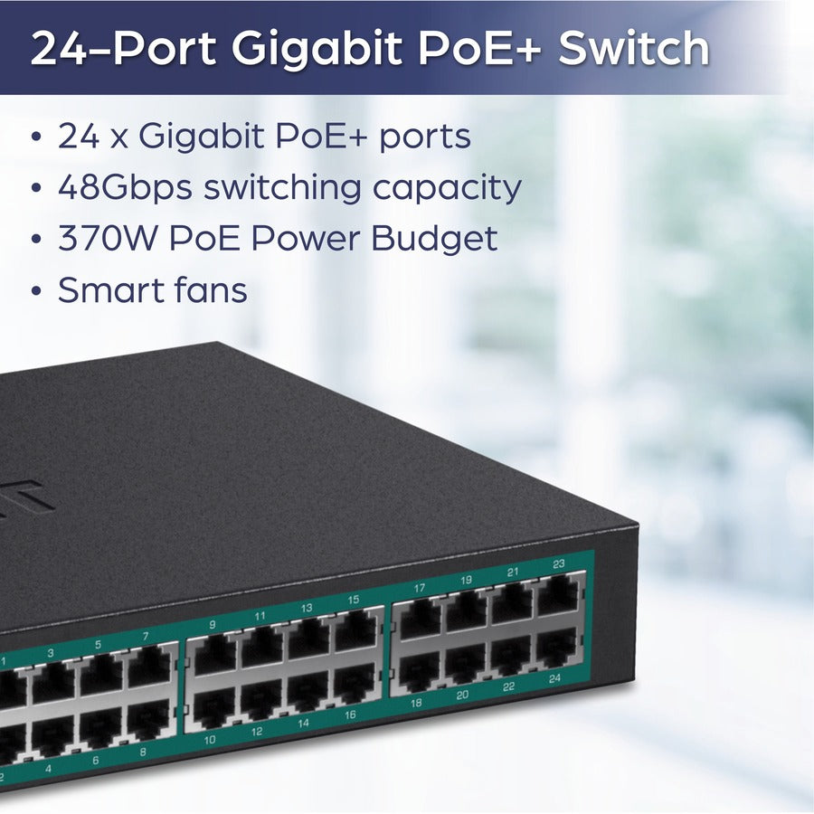 TRENDnet 24-Port Gigabit PoE+ Switch, 24 x Gigabit PoE+ Ports, 370W Power Budget, 48Gbps Switch Capacity, RackMount Kit Included, Ethernet Network Switch, Metal, Lifetime Protection, Black, TPE-TG240G TPE-TG240G