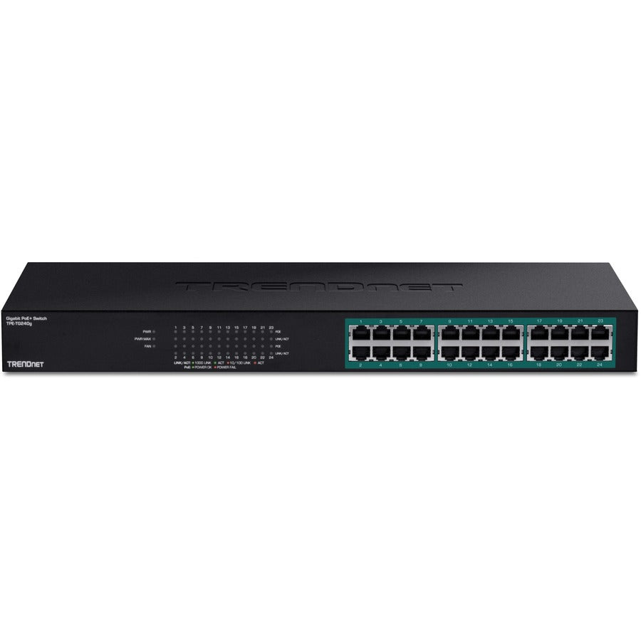 TRENDnet 24-Port Gigabit PoE+ Switch, 24 x Gigabit PoE+ Ports, 370W Power Budget, 48Gbps Switch Capacity, RackMount Kit Included, Ethernet Network Switch, Metal, Lifetime Protection, Black, TPE-TG240G TPE-TG240G