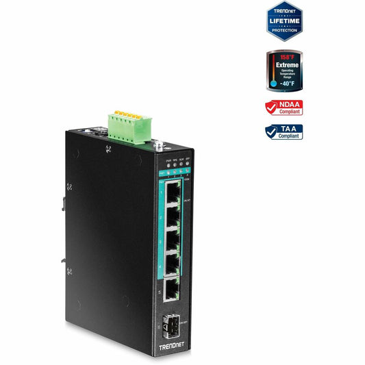 TRENDnet 5-Port Hardened Industrial Gigabit PoE+ DIN-Rail Switch, 120W Power Budget, 1 x SFP Slot, IP30 Rated, Unmanaged Switch, Gigabit PoE+ Network Switch, Lifetime Protection, Black, TI-PG541 TI-PG541