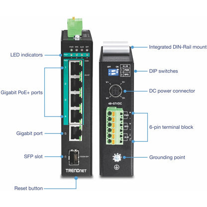 TRENDnet 5-Port Hardened Industrial Gigabit PoE+ DIN-Rail Switch, 120W Power Budget, 1 x SFP Slot, IP30 Rated, Unmanaged Switch, Gigabit PoE+ Network Switch, Lifetime Protection, Black, TI-PG541 TI-PG541