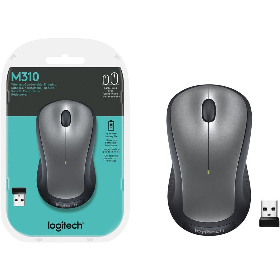 Logitech M310 Wireless Mouse, 2.4 GHz with USB Nano Receiver, 1000 DPI Optical Tracking, 18 Month Battery, Ambidextrous, Compatible with PC, Mac, Laptop, Chromebook (SILVER) 910-001675