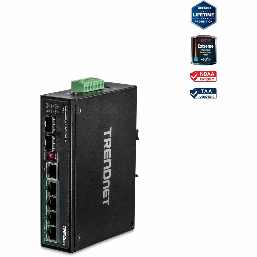 TRENDnet 6-Port Hardened Industrial Gigabit Poe+ Layer 2 Managed DIN-Rail Switch, 4 x Gigabit PoE+ 802.3at Ports, 1 x Gigabit Port, 1 x Gigabit SFP Slot, 120W Power Budget, Black, TI-PG541i TI-PG541i