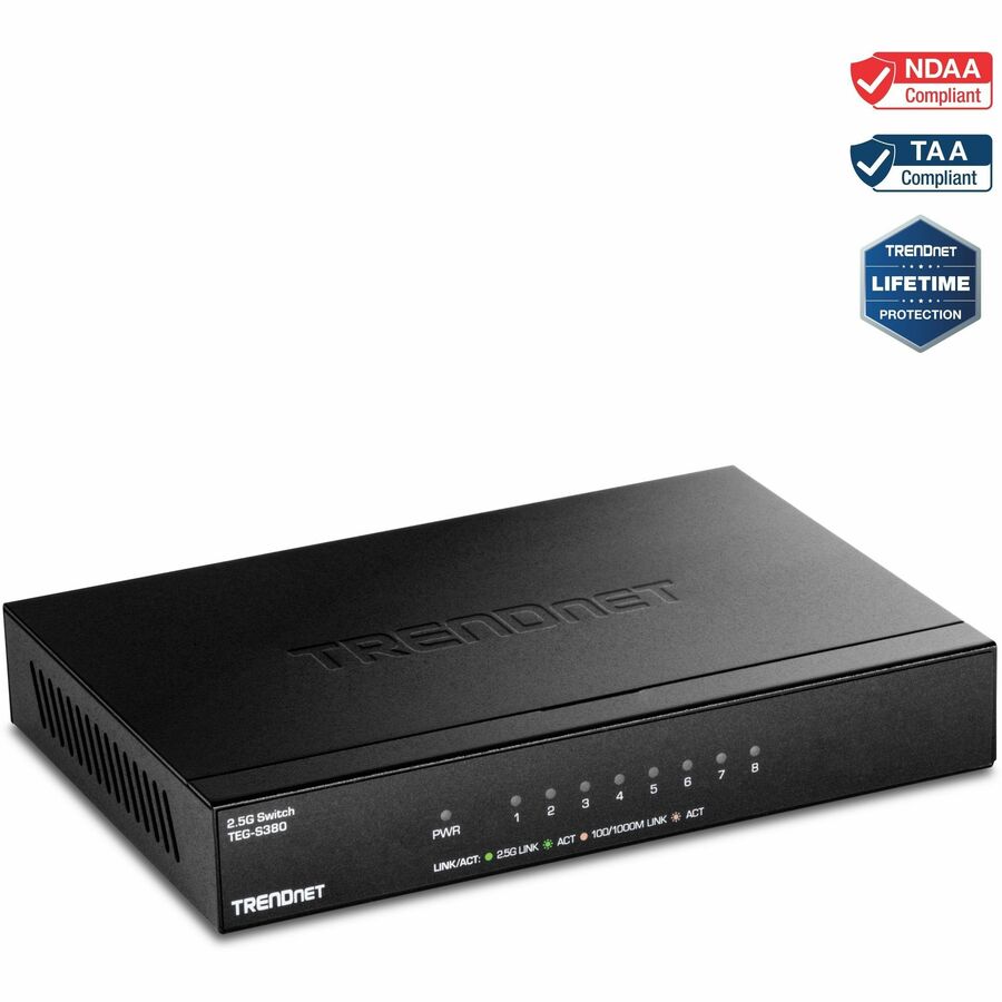 TRENDnet 8-Port Unmanaged 2.5G Switch, 8 x 2.5GBASE-T Ports, 40Gbps Switching Capacity, Backwards Compatible with 10-100-1000Mbps Devices, Fanless, Wall Mountable, Black, TEG-S380 TEG-S380