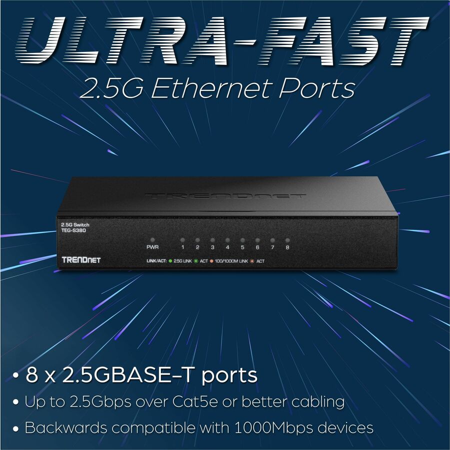 TRENDnet 8-Port Unmanaged 2.5G Switch, 8 x 2.5GBASE-T Ports, 40Gbps Switching Capacity, Backwards Compatible with 10-100-1000Mbps Devices, Fanless, Wall Mountable, Black, TEG-S380 TEG-S380