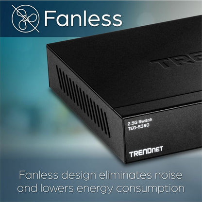 TRENDnet 8-Port Unmanaged 2.5G Switch, 8 x 2.5GBASE-T Ports, 40Gbps Switching Capacity, Backwards Compatible with 10-100-1000Mbps Devices, Fanless, Wall Mountable, Black, TEG-S380 TEG-S380