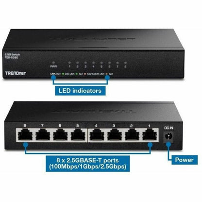 TRENDnet 8-Port Unmanaged 2.5G Switch, 8 x 2.5GBASE-T Ports, 40Gbps Switching Capacity, Backwards Compatible with 10-100-1000Mbps Devices, Fanless, Wall Mountable, Black, TEG-S380 TEG-S380