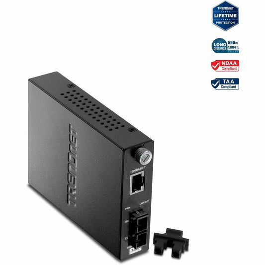 TRENDnet Intelligent 1000Base-T to 1000Base-SX Multi-Mode SC Fiber Media Converter, Up to 550M (1800 ft), Fiber to Ethernet Converter, 2Gbps Switching Capacity, Lifetime Protection, Black, TFC-1000MSC TFC-1000MSC