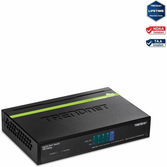 TRENDnet 5-Port Gigabit PoE+ Switch, 31 W PoE Budget, 10 Gbps Switching Capacity, Data & Power Through Ethernet To PoE Access Points And IP Cameras, Full & Half Duplex, Black, TPE-TG50g TPE-TG50g