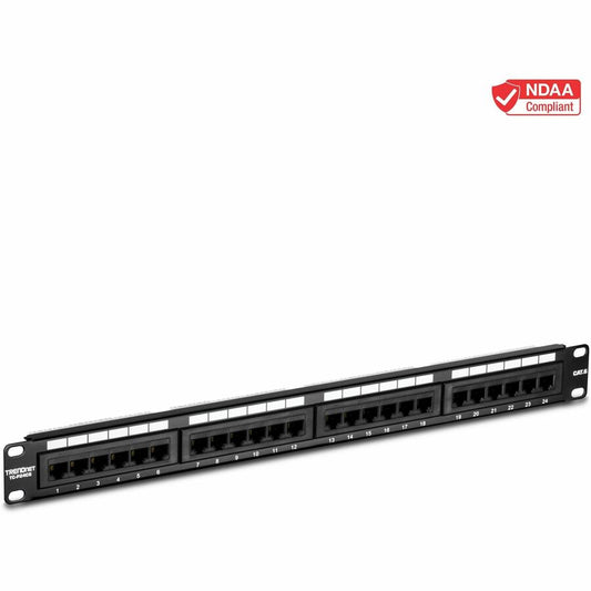 TRENDnet 24-Port Cat6A Shielded 1U Patch Panel, 19" 1U Rackmount Housing, Compatible With Cat5e, Cat6, And Cat6A Cabling, Ethernet Cable Management, Color Coded Labeling, Black, TC-P24C6AS TC-P24C6