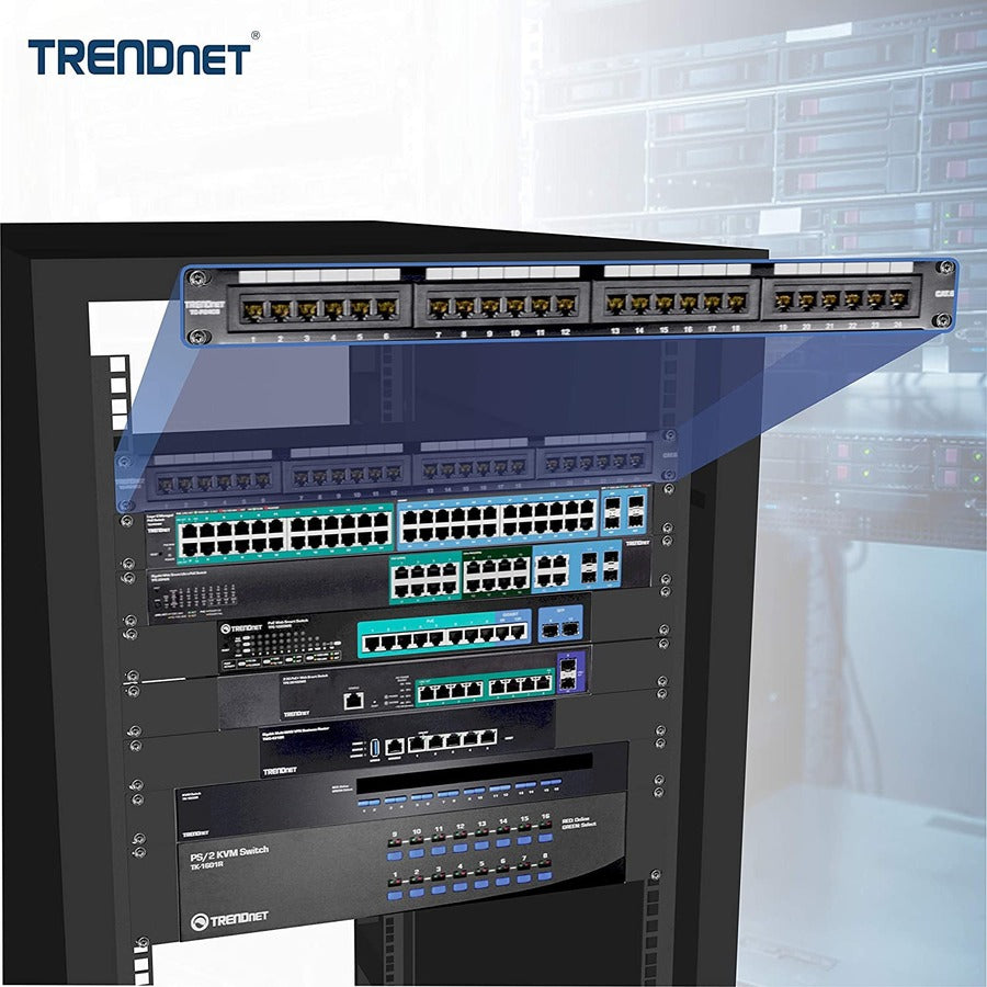 TRENDnet 24-Port Cat6A Shielded 1U Patch Panel, 19" 1U Rackmount Housing, Compatible With Cat5e, Cat6, And Cat6A Cabling, Ethernet Cable Management, Color Coded Labeling, Black, TC-P24C6AS TC-P24C6