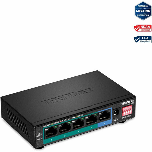 TRENDnet 5-Port Gigabit Long Range PoE+ Switch, 4 x Gigabit PoE+ Ports, 1 x Gigabit Port, 32W PoE Budget, 10Gbps Switching Capacity, Extends PoE+ 200m (656 ft), Lifetime Protection, Black, TPE-LG50 TPE-LG50