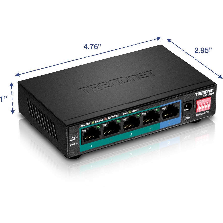 TRENDnet 5-Port Gigabit Long Range PoE+ Switch, 4 x Gigabit PoE+ Ports, 1 x Gigabit Port, 32W PoE Budget, 10Gbps Switching Capacity, Extends PoE+ 200m (656 ft), Lifetime Protection, Black, TPE-LG50 TPE-LG50