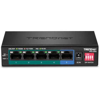 TRENDnet 5-Port Gigabit Long Range PoE+ Switch, 4 x Gigabit PoE+ Ports, 1 x Gigabit Port, 32W PoE Budget, 10Gbps Switching Capacity, Extends PoE+ 200m (656 ft), Lifetime Protection, Black, TPE-LG50 TPE-LG50