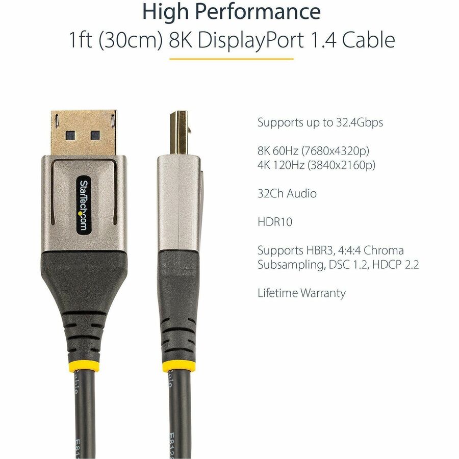 StarTech.com 1ft (30cm) DisplayPort 1.4 Cable, 8K 60Hz HDR10, UHD 4K 120Hz Video, DP to DP Monitor Cord, DP 1.4 Cable, M/M DP14VMM1F