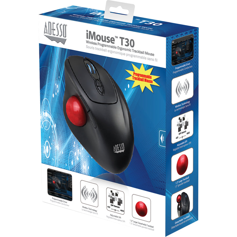 Adesso iMouse T30 - Wireless Programmable Ergonomic Trackball Mouse IMOUSE T30