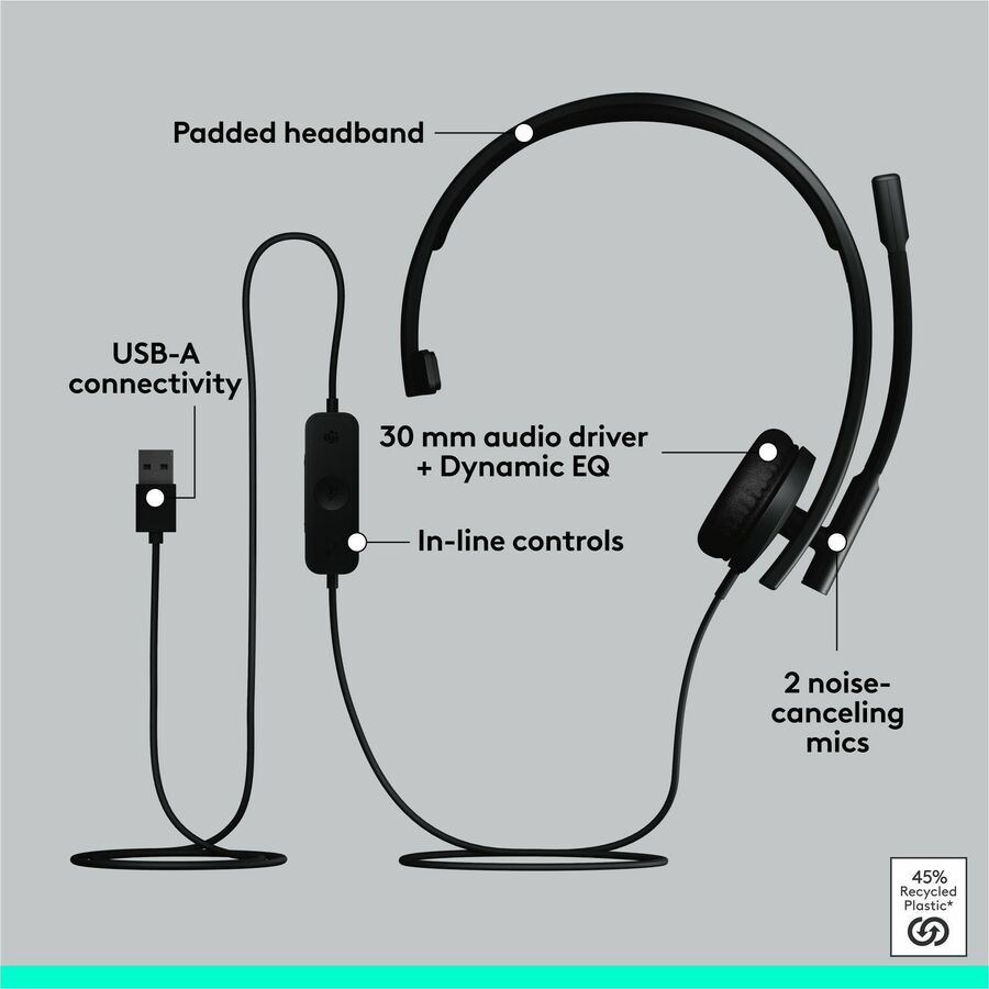 Logitech H570e USB Wired Mono Headset, USB-A, Noise-Canceling Mics, Inline Controls, Certified for Microsoft Teams, Black 981-001424