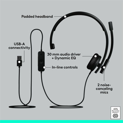 Logitech H570e USB Wired Mono Headset, USB-A, Noise-Canceling Mics, Inline Controls, Certified for Microsoft Teams, Black 981-001424