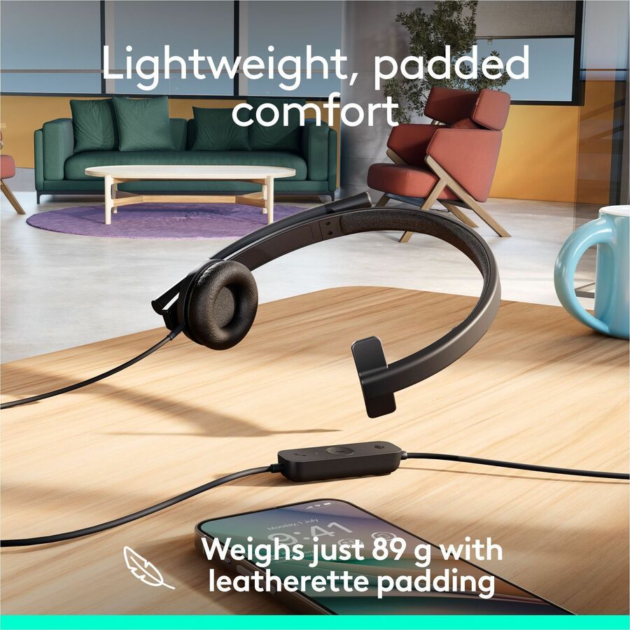 Logitech H570e USB Wired Mono Headset, USB-C, Noise-Canceling Mics, Inline Controls, Certified for Microsoft Teams, Black 981-001425