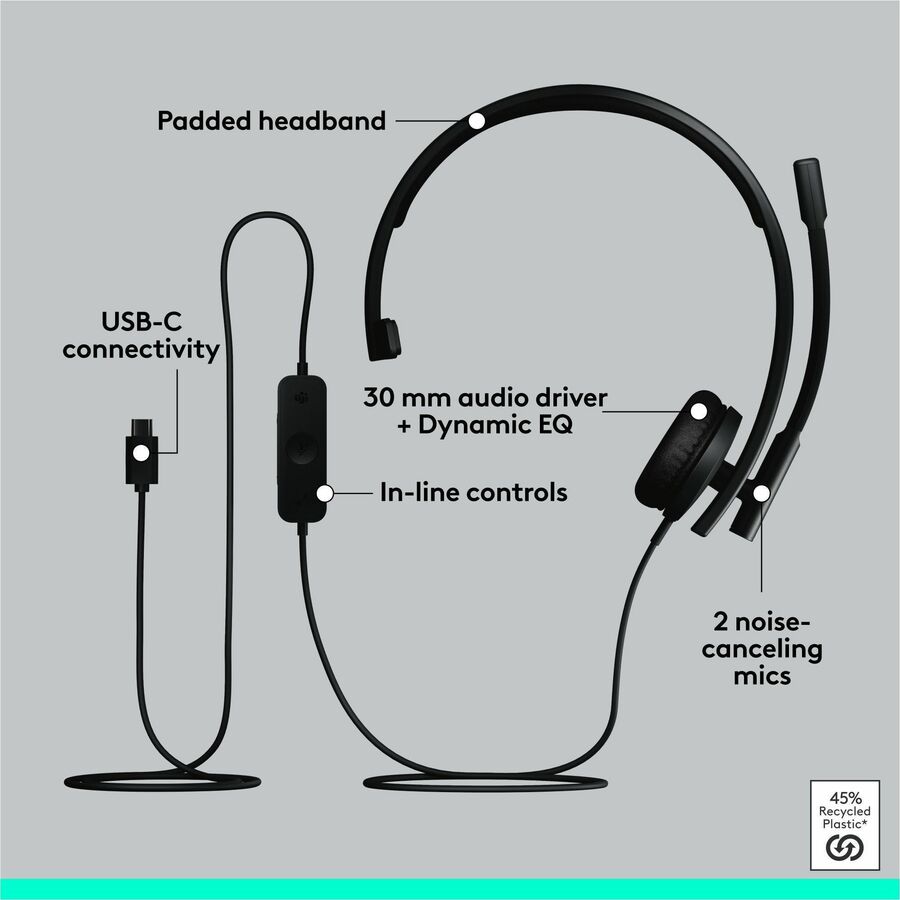 Logitech H570e USB Wired Mono Headset, USB-C, Noise-Canceling Mics, Inline Controls, Certified for Microsoft Teams, Black 981-001425