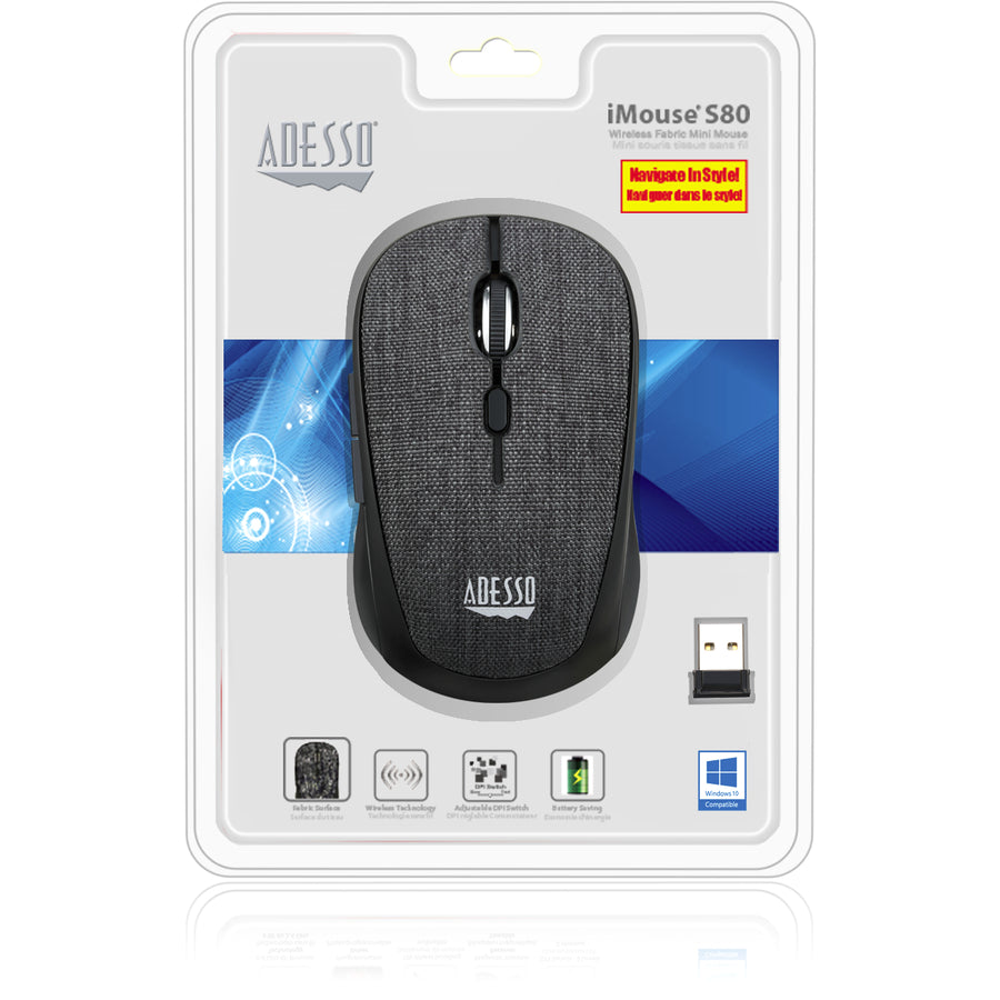 Adesso iMouse S80B - Wireless Fabric Optical Mini Mouse (Black) IMOUSE S80B