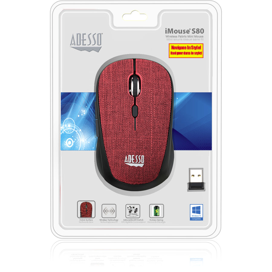 Adesso iMouse S80R - Wireless Fabric Optical Mini Mouse (Red) IMOUSE S80R