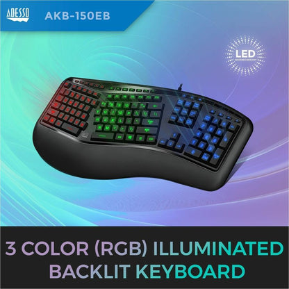 Adesso Color Illuminated Ergonomic Keyboard AKB-150EB