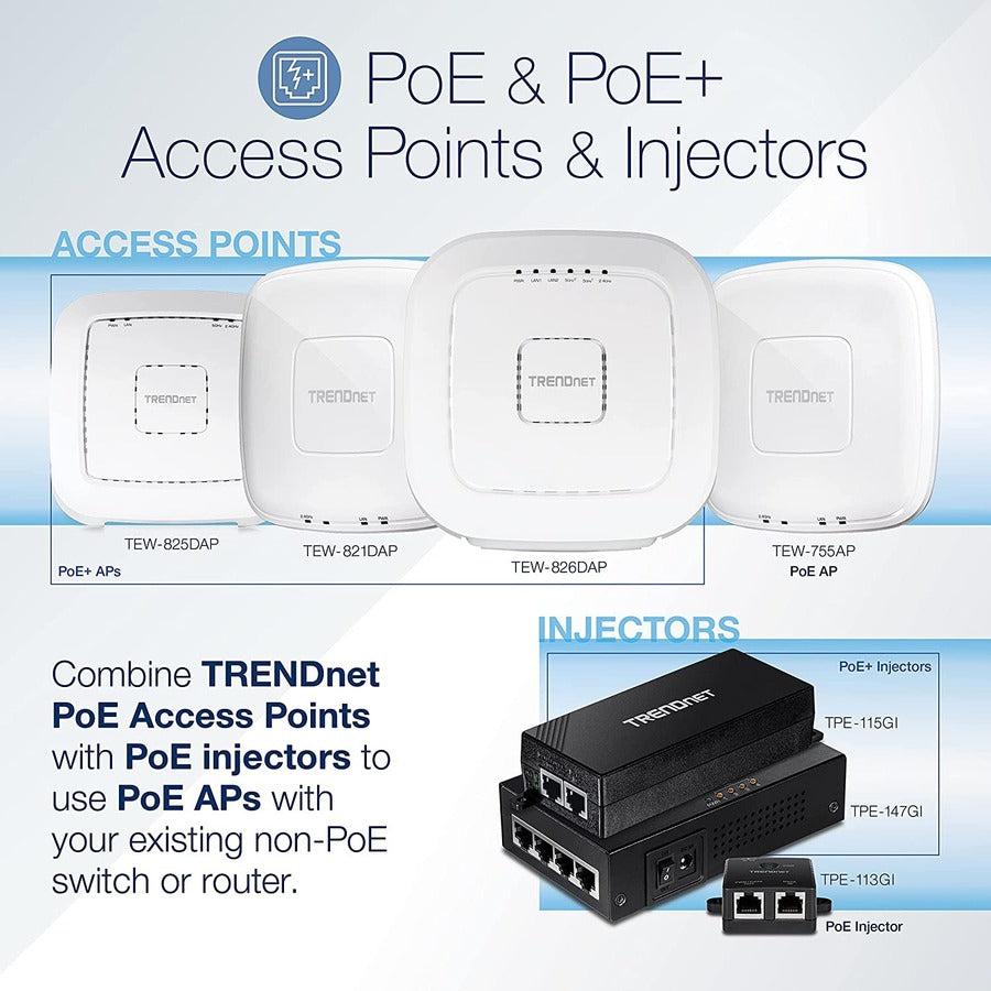 TRENDnet AC2200 Tri-Band PoE+ Indoor Wireless Access Point, 867Mbps WiFi AC + 400Mbps WiFi N Bands, Wave 2 MUMIMO, Client bridge, WDS, AP, WDS Bridge, WDS Station, Repeater Modes, White, TEW-826DAP TEW-826DAP