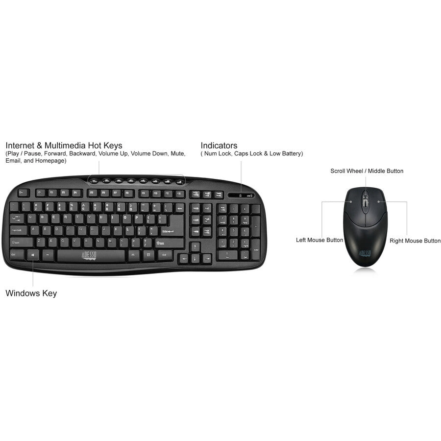 Adesso WKB-1330CB - 2.4 GHz Wireless Desktop Keyboard and Mouse Combo WKB-1330CB