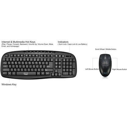 Adesso WKB-1330CB - 2.4 GHz Wireless Desktop Keyboard and Mouse Combo WKB-1330CB