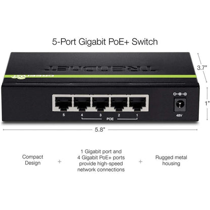 TRENDnet 5-Port Gigabit PoE+ Switch, 31 W PoE Budget, 10 Gbps Switching Capacity, Data & Power Through Ethernet To PoE Access Points And IP Cameras, Full & Half Duplex, Black, TPE-TG50g TPE-TG50g