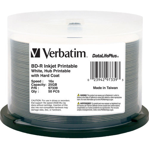 Verbatim BD-R 25GB 6X DataLifePlus White Inkjet Printable, Hub Printable - 50pk Spindle 97339