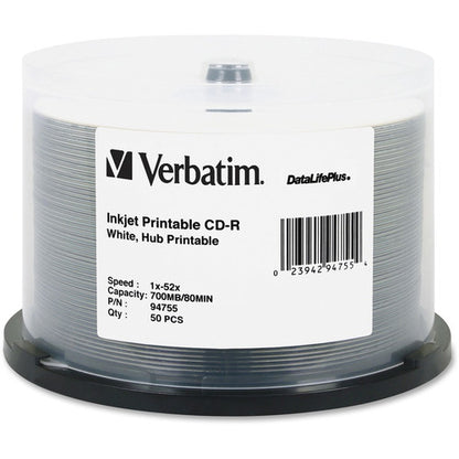 Verbatim CD-R 700MB 52X DataLifePlus White Inkjet Printable, Hub Printable - 50pk Spindle 94755