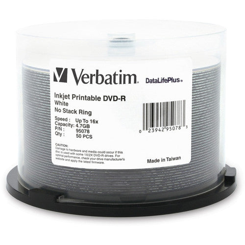 Verbatim DVD-R 4.7GB 16X DataLifePlus White Inkjet Printable - 50pk Spindle 95078