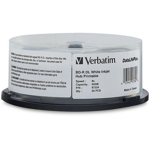 Verbatim BD-R DL 50GB 8X, White Label, DataLife+, White InkJet Hub Printable, 25PK Spindle 97334