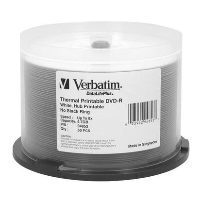 Verbatim DVD-R 4.7GB 8X DataLifePlus White Thermal Printable, Hub Printable - 50pk Spindle 94853