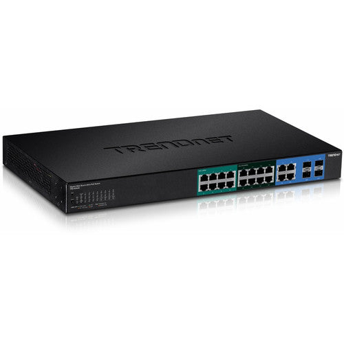 TRENDnet 20-Port Gigabit Web Smart Ultra PoE Switch with 8 x Gigabit UPoE Ports; 8 x Gigabit PoE+ Ports 4 Shared Gigabit Ports (RJ-45 or SFP); VLAN; QoS; IPv6 Support; 370W PoE Power Budget; TPE-204US TPE-204US