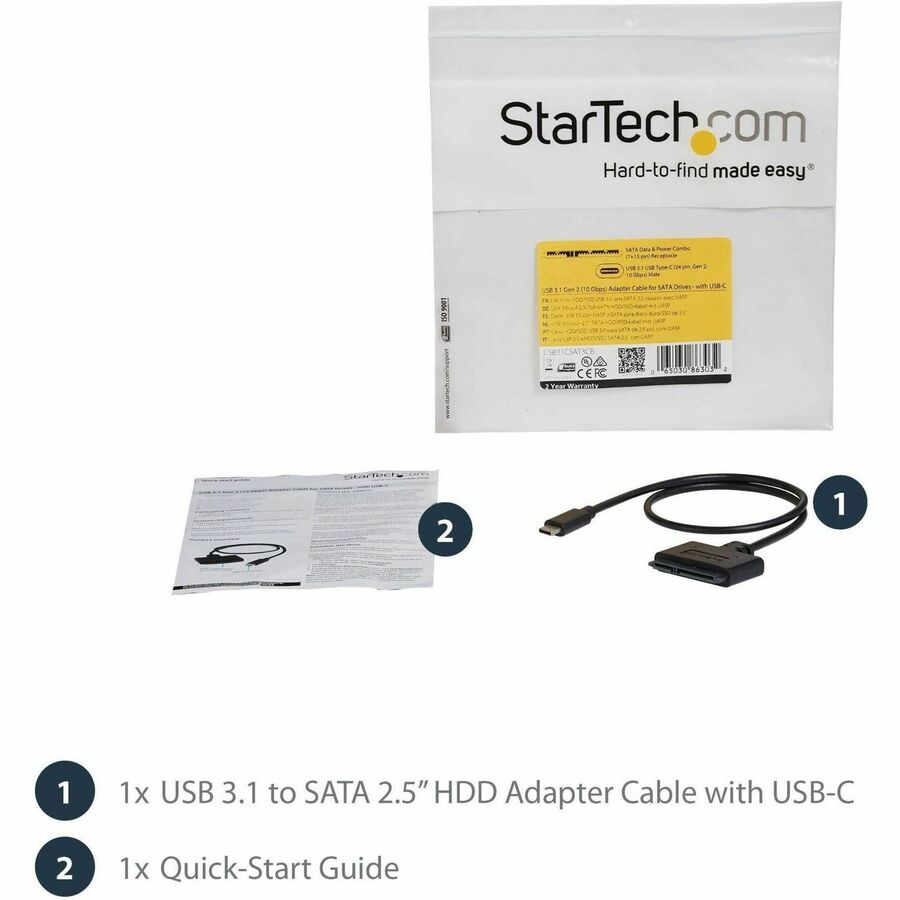 StarTech.com USB C To SATA Adapter - for 2.5" SATA Drives - UASP - External Hard Drive Cable - USB Type C to SATA Adapter USB31CSAT3CB